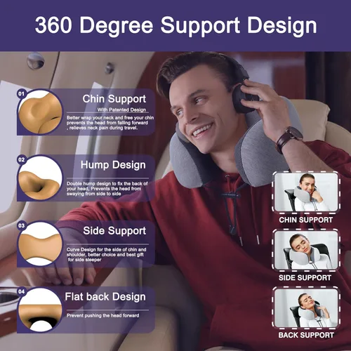 Miniatura 2 de NapFun - Almohada de cuello para viajes, mejorada para viajar por avión 100% espuma viscoelástica para dormir y descansar durante los vuelos, Gris