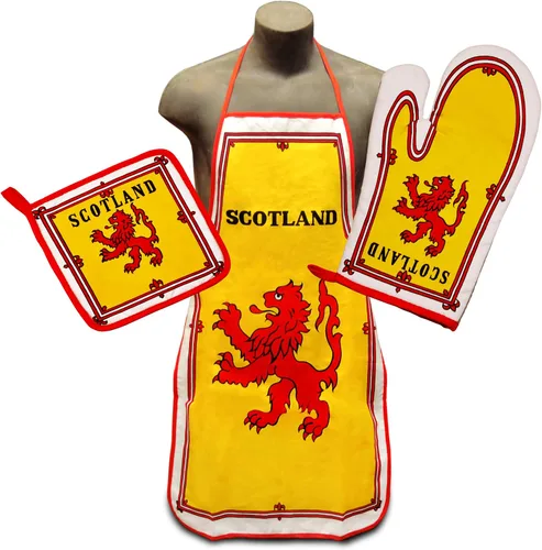 Royal Banner of Scotland - Juego de cocina y barbacoa con delantal, guante de horno y soporte para ollas, bandera desenfrenada de león, Amarillo,