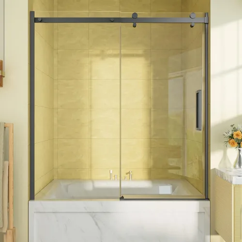 Hasipu Puerta corrediza de ducha para bañera sin marco de 56-60 pulgadas de ancho x 58 pulgadas de alto, puerta de cristal de ducha con diseño de