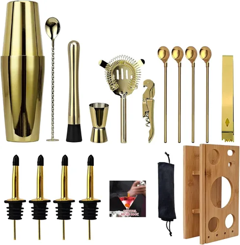 Miniatura 2 de Kit de coctelera de 17 piezas con soporte, coctelera Boston, cuchara mezcladora, Muddler, jigger medidor, exprimidor de limón, pinzas, sacacorchos