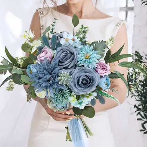 Miniatura 2 de AmyHomie - Juego de flores artificiales azules, mezcla de seda, peonía, rosa, hortensia, flores falsas con tallo para bricolaje, ramos de boda