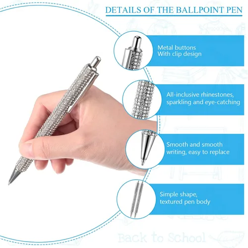 Miniatura 3 de Jeyiour 8 bolígrafos de diamantes de imitación brillantes de boda con diamantes de imitación de metal plateado, bolígrafo retráctil de cristal