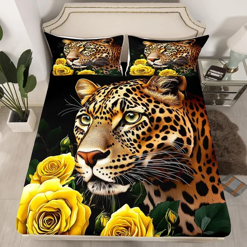 Miniatura 16 de Erosebridal Juego de sábanas bajeras de rosas rojas y leopardo, tamaño individual, diseño de animales africanos salvajes, diseño de plantas