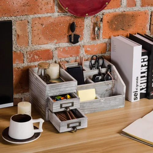 Miniatura 5 de Organizador de escritorio de oficina de madera rústica envejecida, estante de madera, organizador de mesa para el hogar, almacenamiento con Gris