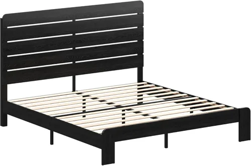 Miniatura 8 de Marco de cama de madera tamaño King con cabecera, base de cama de plataforma estilo granja rústica con soporte de listones de madera, resistente