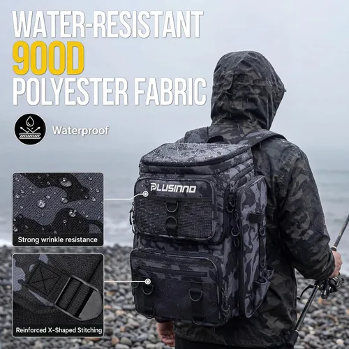 Miniatura 2 de PLUSINNO Mochila de aparejos de pesca con soportes para cañas, 42L resistente al agua bolsa de pesca tienda equipo de pesca, regalos de pescador