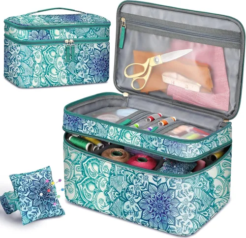 Miniatura 9 de FINPAC Estuche organizador y almacenamiento de accesorios de costura, kits de costura de doble capa con cojín de pasador de muñeca para hilos