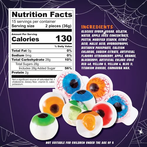 Miniatura 2 de 30 Gomitas de Ojos, Dulce de Ojos Espeluznante en 4 Sabores, Gomitas Blandas con Relleno de Gelatina Afrutada, Envueltas Individualmente