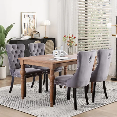 Miniatura 47 de Juego de 2 sillas de comedor tapizadas de tela de lino, sillas de cocina modernas de mediados de siglo con respaldo alto, ribete de cabeza de clavo