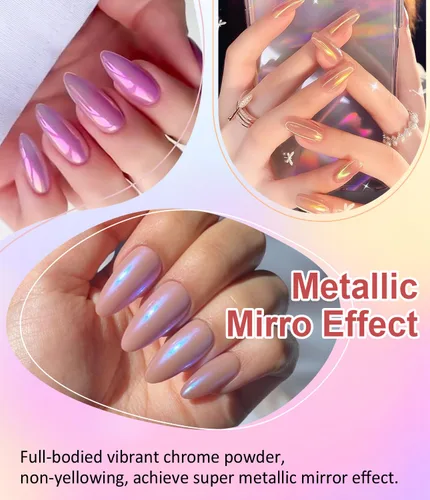 Miniatura 2 de Kit de gel de uñas 3D y polvo de uñas cromado BISHENGYF: 0.53 oz No Wipe Gel de Escultura 3D Aurora Rosa Azul Oro Cromo Polvo de uñas con pegamento