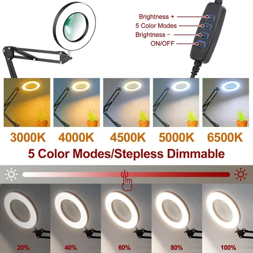 Miniatura 5 de Lupa con luz y soporte, lupa de 12X con luz manos libres, luz de trabajo LED iluminada de 5 modos de color, lámpara de aumento 2-en-1 para leer