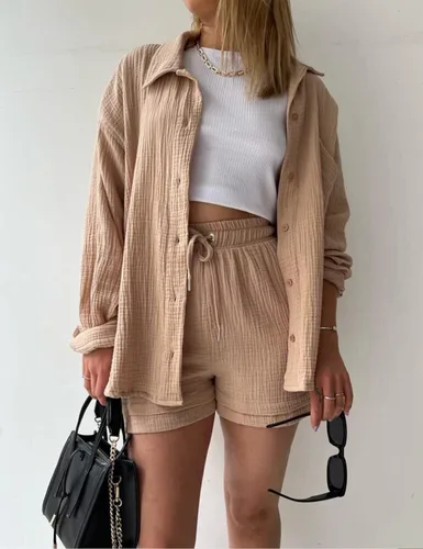 Miniatura 2 de ELLENWELL Conjunto de 2 piezas para mujer, conjunto de ropa de descanso de manga larga con botones y pantalones cortos