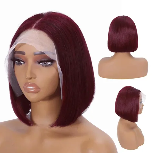 Pelucas de encaje frontal color borgoña 99J de 13 x 4, peluca de cabello humano lacio de color rojo oscuro, pelucas cortas Bob de densidad 180,
