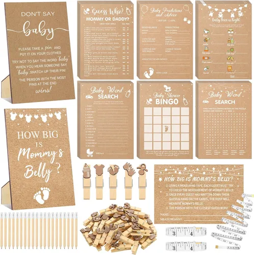 Funnymoom 426 Piezas Juego de Juegos para Baby Shower de Papel Kraft - 8 Juegos, Incluye Bingo de Baby Shower, El Precio Correcto, Adivina Quién,