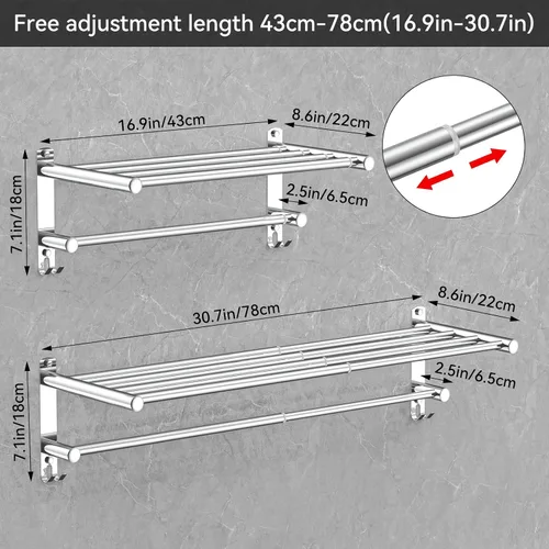 Miniatura 3 de CAXIMSY Toallero ajustable para montaje en pared de baño, 17 a 30.7 pulgadas, toallero adhesivo de acero inoxidable para baño, cocina, doble