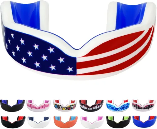 Oral Mart Protector bucal deportivo juvenil para niños (bandera de EE.UU., colmillos, más de 20 colores para elegir) Protector bucal para fútbol