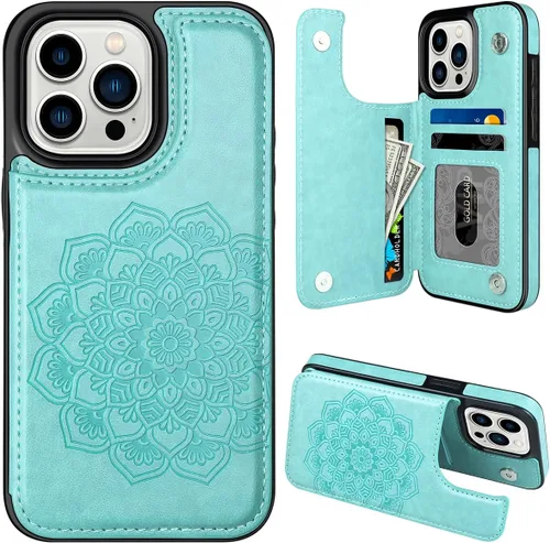 Miniatura 15 de MMHUO Funda protectora para iPhone 15 Pro Max con tarjetero y botones magnéticos de flores para mujer, color morado Púrpura