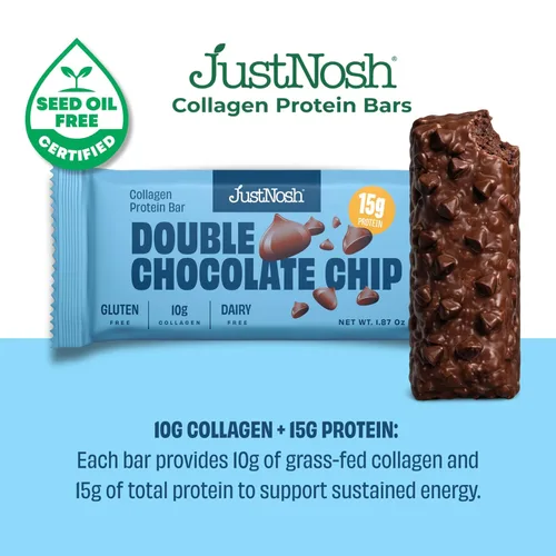 Miniatura 5 de JUSTNOSH Double: barras de proteína de colágeno con chispas de chocolate, 0.55 onzas de proteína, 0.35 onzas de colágeno, sin gluten y lácteos