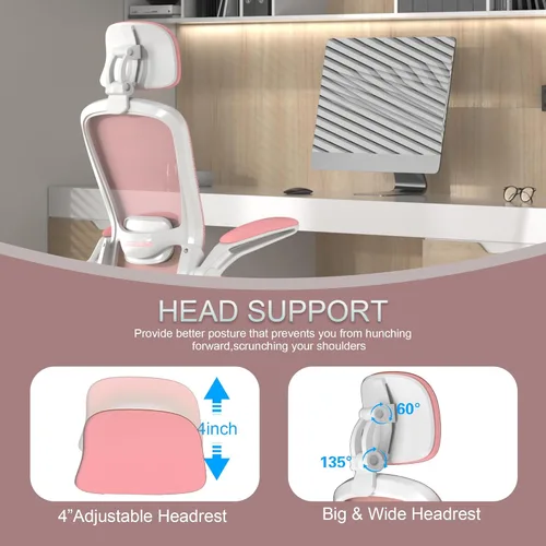 Miniatura 5 de Mimoglad Silla de oficina, silla de escritorio ergonómica de respaldo alto con soporte lumbar ajustable y reposacabezas, silla giratoria con Rosa
