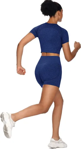 Miniatura 4 de Sytiz Conjunto de 2 piezas de yoga sin costuras para mujer, pantalones cortos de gimnasio y camiseta corta de manga corta