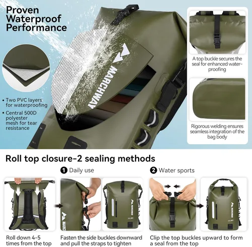 Miniatura 4 de MARCHWAY Mochila impermeable con parte superior enrollable, bolsa seca flotante de 20L/30L/45L con base rectangular ergonómica, espalda acolchada