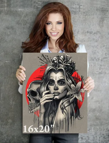 krefta SUGARSKULL GIRL with CROWN - CANVAS WALL ART - Day of the Dead Painting - Tattoo Artist Sugar Skull Queen Flower Poster Gift