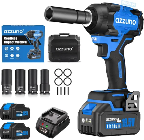 AZZUNO Llave de Impacto Eléctrica Inalámbrica sin Escobillas de 1/2'', 590 Ft-lbs (800N.m), Controlador de Impacto Potente con Cargador, Llave de