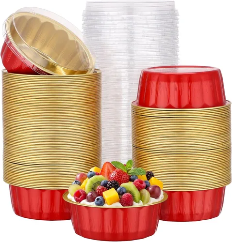 Miniatura 15 de Beasea Ramequines con tapas, 8oz 50 unidades de tazas de aluminio desechables para hornear, tazas de papel de aluminio plateado para creme brulee
