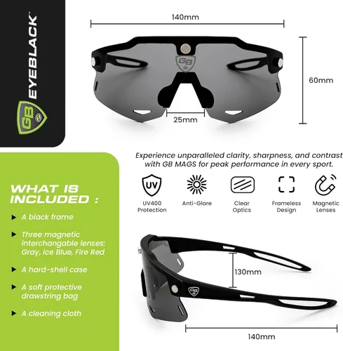 Miniatura 7 de GB MAGS - Juego magnético polarizado para todos los deportes, gafas de sol para ciclismo para hombres y mujeres 3 lentes intercambiables Conjunto