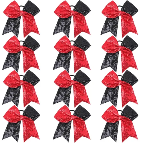 Miniatura 14 de Oaoleer 12 lazos grandes con purpurina para el pelo de 7 pulgadas, banda elástica hecha a mano para animadoras, adolescentes, niñas, deportes Negro