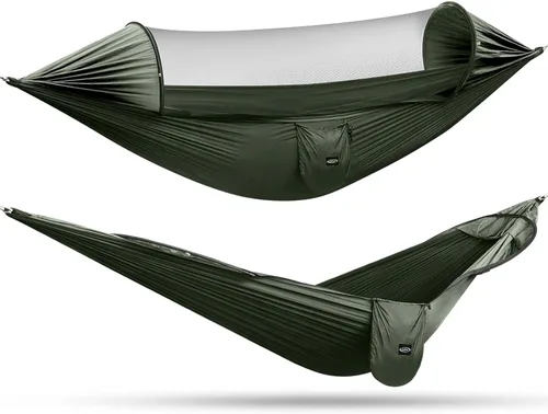 Miniatura 10 de G4Free Hamaca Grande para Acampar con Mosquitero para 2 Personas Pop-up Paracaídas Ligera Hamacas Colgantes Correas para Árboles Cama Columpio