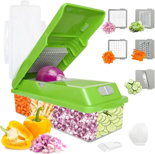 LHS Picador profesional multifuncional de verduras con contenedores de almacenamiento de alimentos, cortador de mandolina, cortador de cebolla, Verde