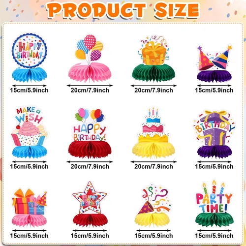 Miniatura 4 de NatNarr 12 piezas de decoración de mesa de cumpleaños, coloridos centros de mesa de feliz cumpleaños, centros de mesa de nido de abeja para niños