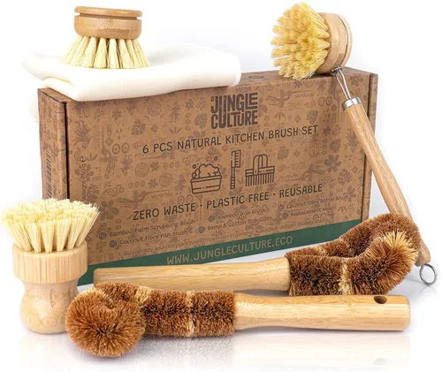Jungle Culture® Juego de 6 cepillos naturales para lavar platos • Set de limpieza de cocina Eco • Escobillas a base de plantas de coco • Cepillo