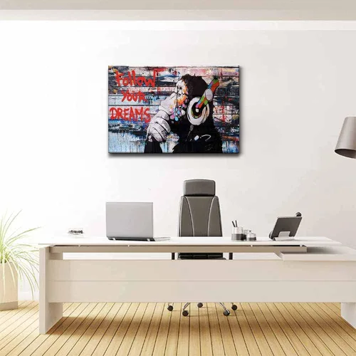 Miniatura 2 de Lienzo enmarcado de Banksy Graffiti para pared, póster de mono con auriculares, impresiones de pintura callejera, arte pop para sala de estar, listo