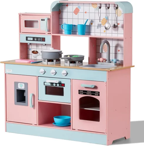 VEVOR Cocina de Juguete de Madera, Cocina de Juego para Niños con Luces y Sonidos, Cocina Infantil con Máquina de Hielo, Horno, Fregadero, Rosa