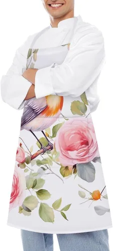 Miniatura 4 de Personalized Floral Print Watercolor Robin Bird Adult Apron, Kitchen Cooking Aprons for Woman Man, Adjustable Bib Apron with Pocket for Baking, BBQ