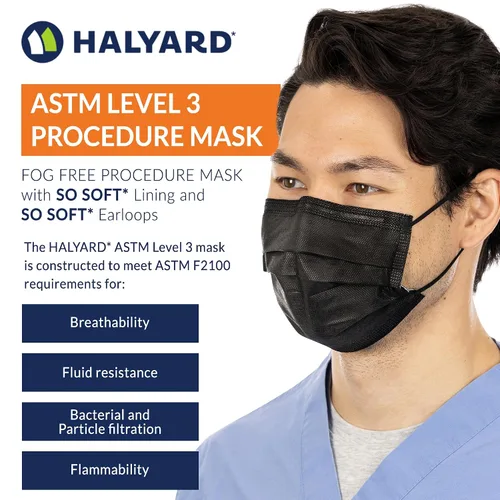 Miniatura 5 de HALYARD Mascarilla desechable con cintas elásticas para las orejas, sin niebla, estilo plisado, máscara de procedimiento ASTM NIVEL 3, cuidado