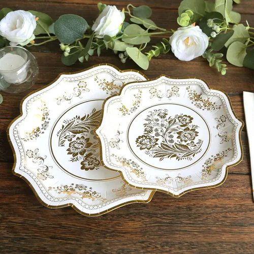 Miniatura 11 de Efavormart - Paquete de 25 platos llanos de papel francés de 10 pulgadas, color blanco y dorado, 300 GSM, resistentes con borde festoneado