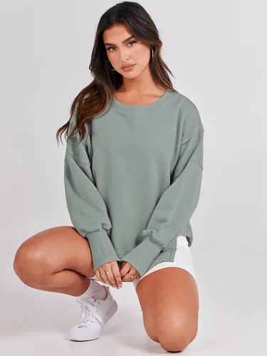 Miniatura 4 de ANRABESS Sudadera de gran tamaño para mujer, cuello redondo, manga larga, casual, con abertura, sin botones, ropa de otoño