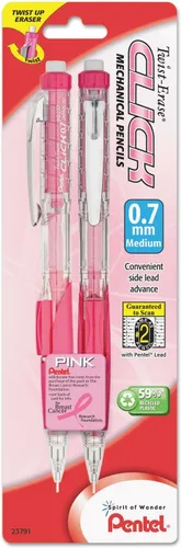 Lápiz automático Pentel Twist Erase Click con 2 borradores de repuesto y minas, 0.01 pulgadas, barriles surtidos, Rosado Paquete de 2