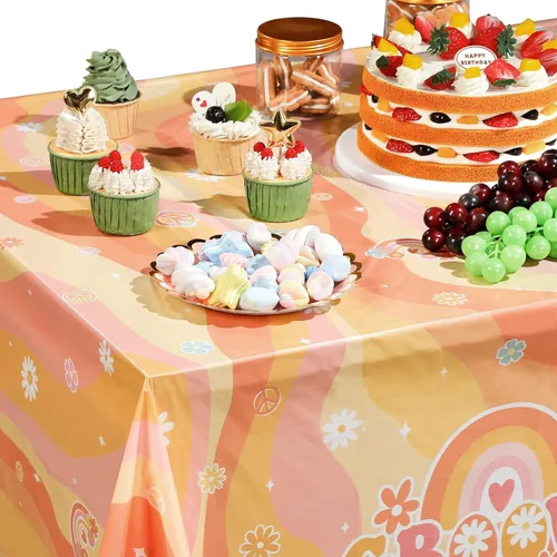 Miniatura 5 de Tiamon 3 manteles de plástico con diseño de arco iris y estilo hippie retro para mesa rectangular, desechables, margaritas y flores de arco iris