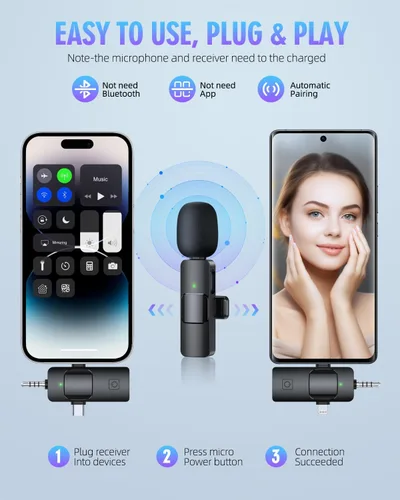Miniatura 4 de PQRQP Micrófonos inalámbricos Lavalier 3 en 1 para iPhone, iPad, Android, cámara, micrófono USB-C, batería de 7 horas, micrófono mini con reducción