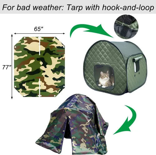 Miniatura 2 de Casa plegable para gatos callejeros para exteriores, 23.6 pulgadas, refugio aislado acolchado verde militar con mosca impermeable de camuflaje, 2
