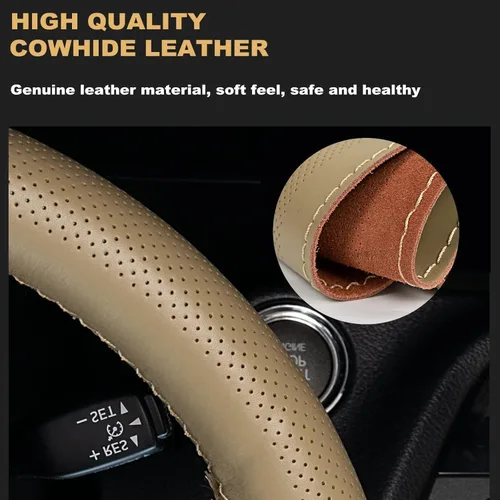 Miniatura 4 de AUTOXBERT Funda de volante de 38cm/15 pulgadas de piel auténtica para coser a mano, estilo DIY, con hilo y agujas, se ajusta para VW Ford Nissan Kia