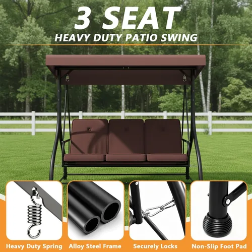 Miniatura 5 de Columpio para porche al aire libre de 3 asientos con soporte, capacidad de 760 libras, columpio de patio resistente para adultos, columpio Marrón