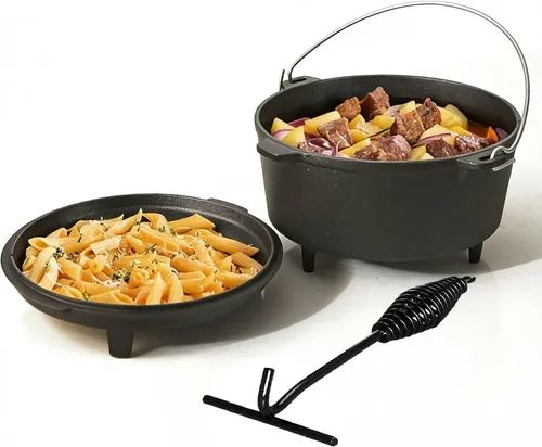 Horno holandés de hierro fundido de 6.3 cuartos de galón, con tapa de sartén de 12 pulgadas, horno holandés al aire libre, incluye garra pie kazan