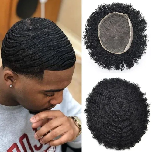 Miniatura 16 de Afro Toupee para hombres negros, unidad de cabello humano brasileño de encaje francés para hombres afroamericanos africanos y negros, sistema