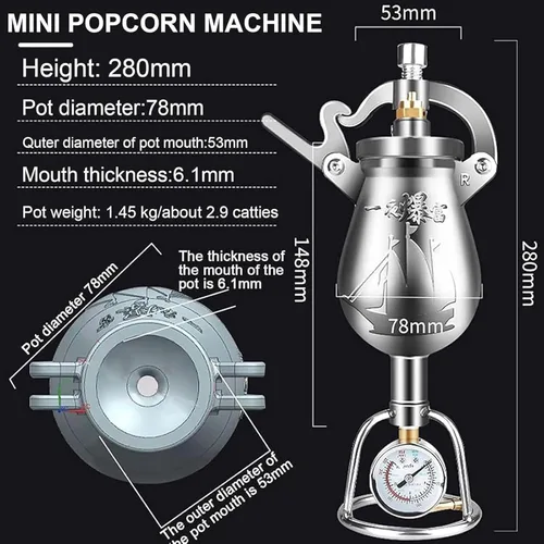 Miniatura 3 de Arroz inflado de alta presión tradicional retro de acero inoxidable cañón de palomitas de maíz, manivela de mano, máquina de palomitas de maíz
