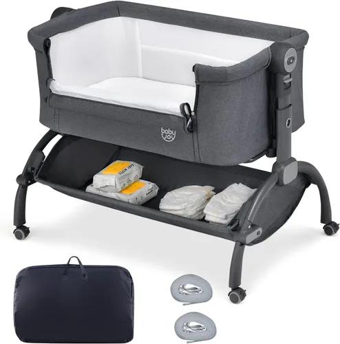Miniatura 9 de BABY JOY Cuna de bebé, Cuna mecedora 3 en 1 con cesta de almacenamiento, diseño de doble bloqueo, 7 alturas ajustables, colchón suave y bolsa